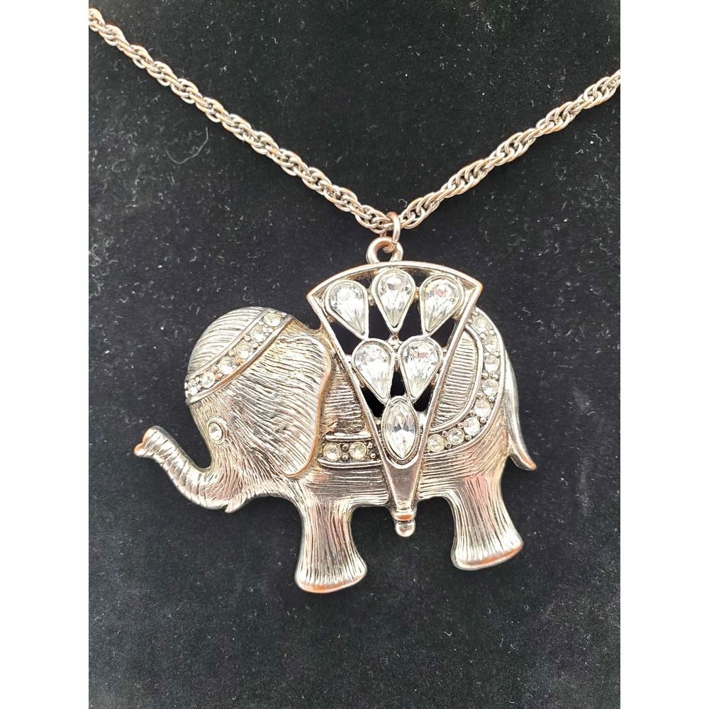 Vintage Rhinestone Covered Silver Tone Elephant Pendant 38" Statement Necklace